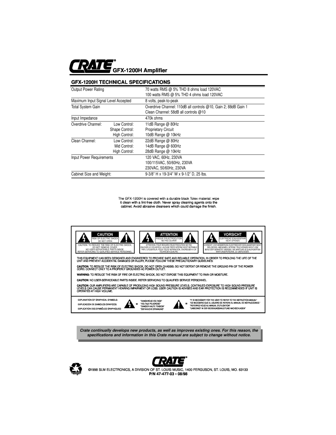 Crate Amplifiers owner manual GFX-1200H Amplifier, GFX-1200H TECHNICAL SPECIFICATIONS 