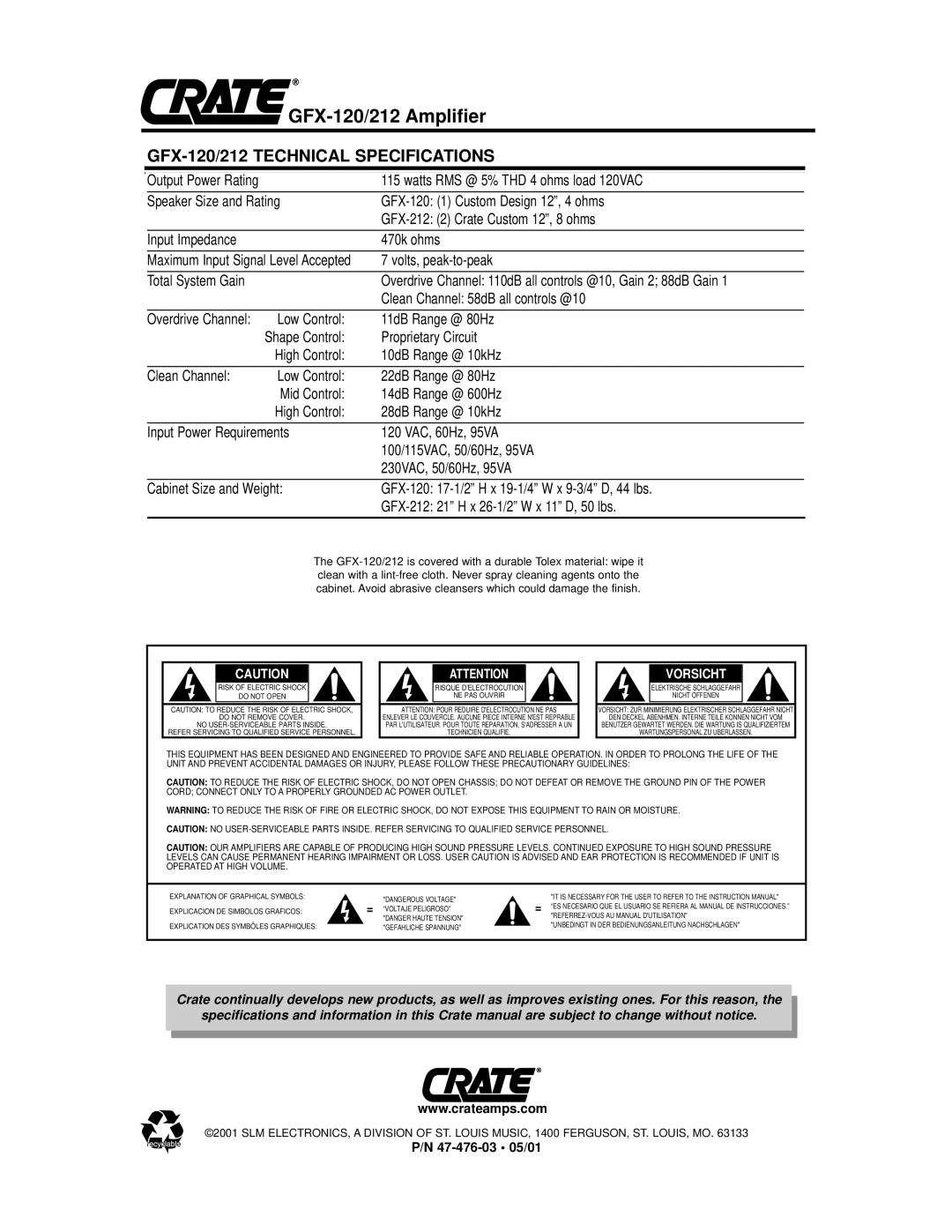 Crate Amplifiers owner manual GFX-120/212 Technical Specifications 