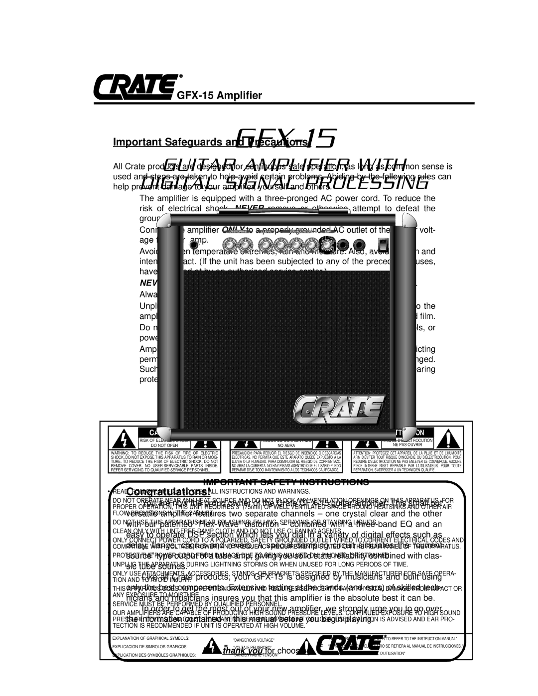 Crate Amplifiers owner manual GFX-15 Amplifier Important Safeguards and Precautions, Important Safety Instructions 