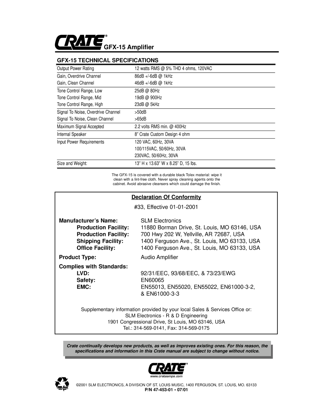 Crate Amplifiers GFX-15 owner manual Lvd 