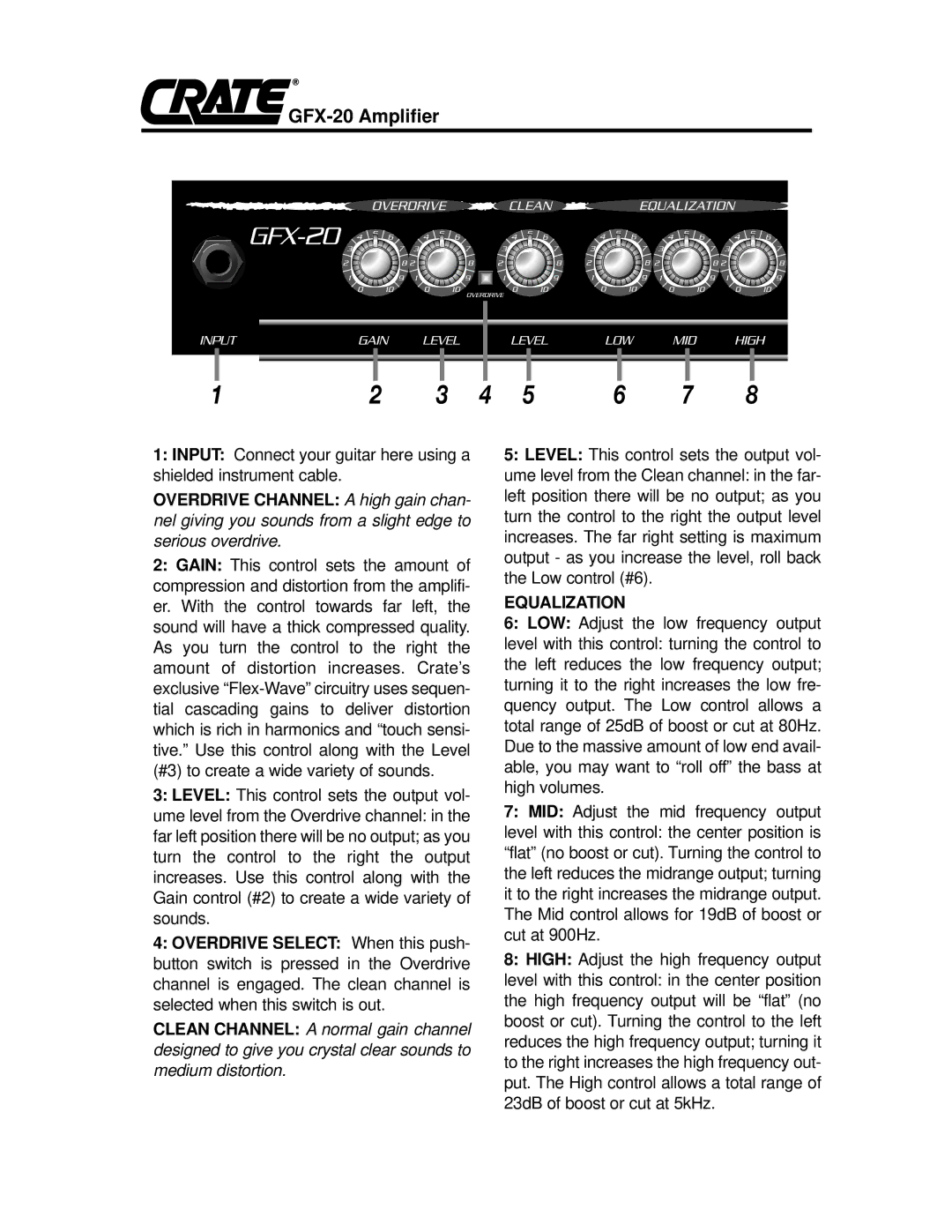 Crate Amplifiers owner manual GFX-20 Amplifier, Equalization 