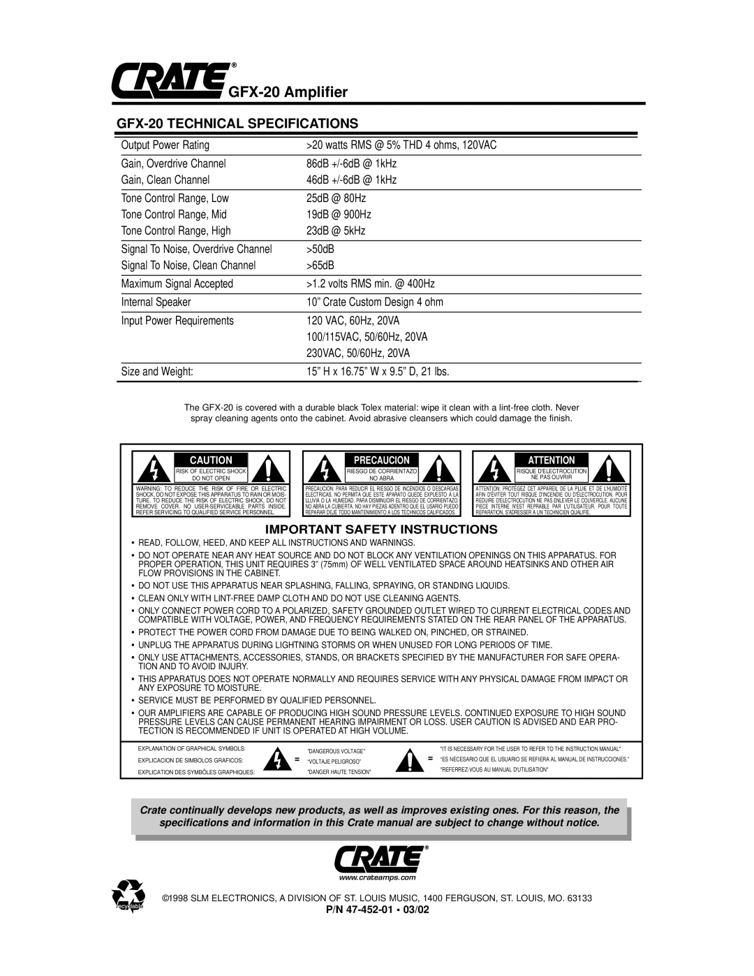 Crate Amplifiers owner manual GFX-20 Technical Specifications, Precaucion 