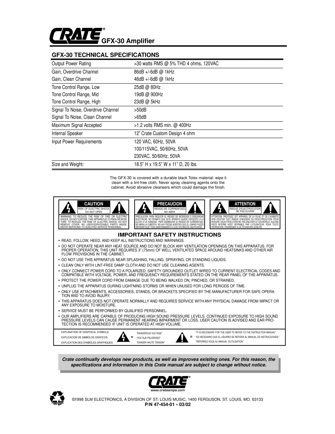 Crate Amplifiers owner manual GFX-30 Technical Specifications 