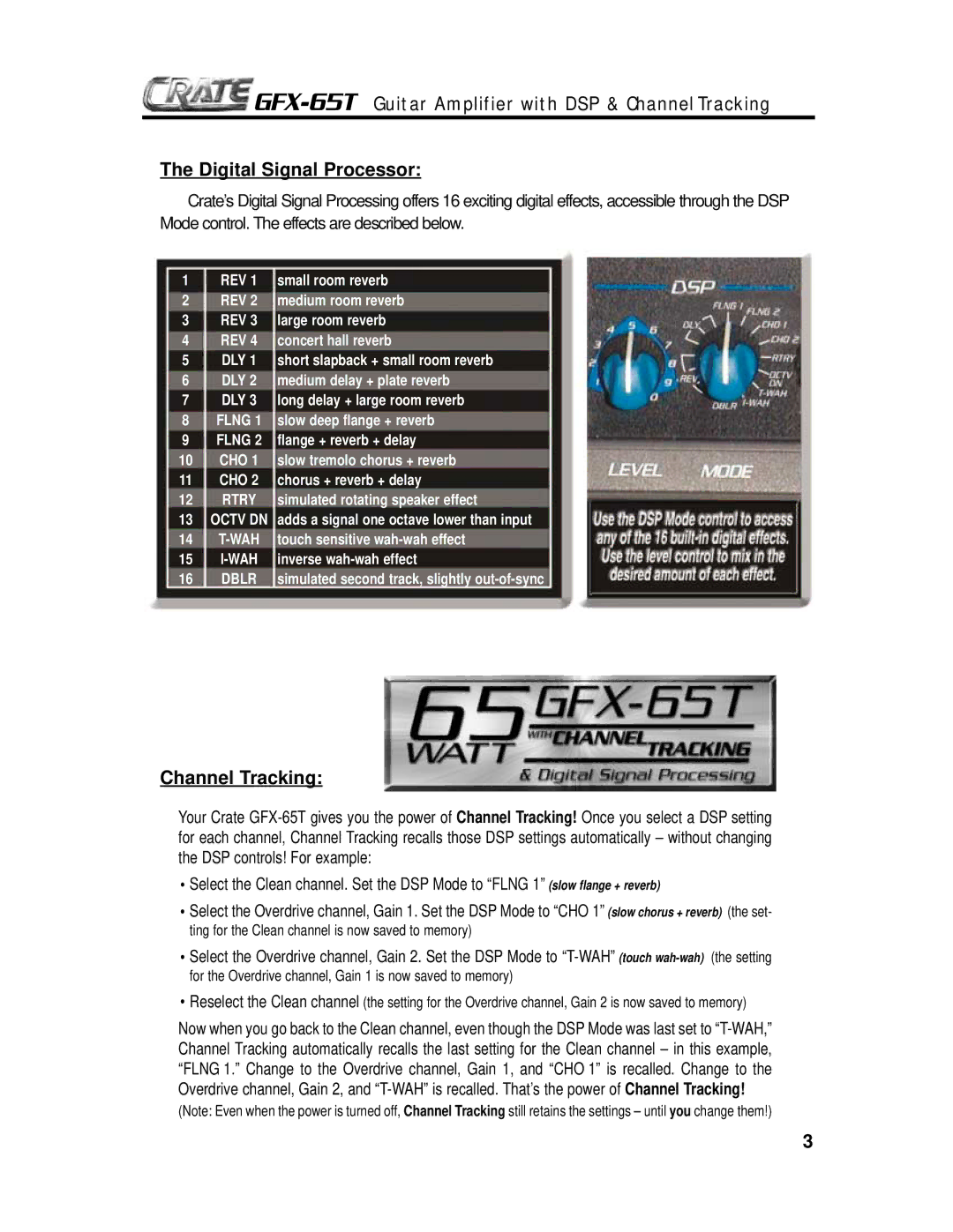 Crate Amplifiers GFX-65T owner manual Channel Tracking 