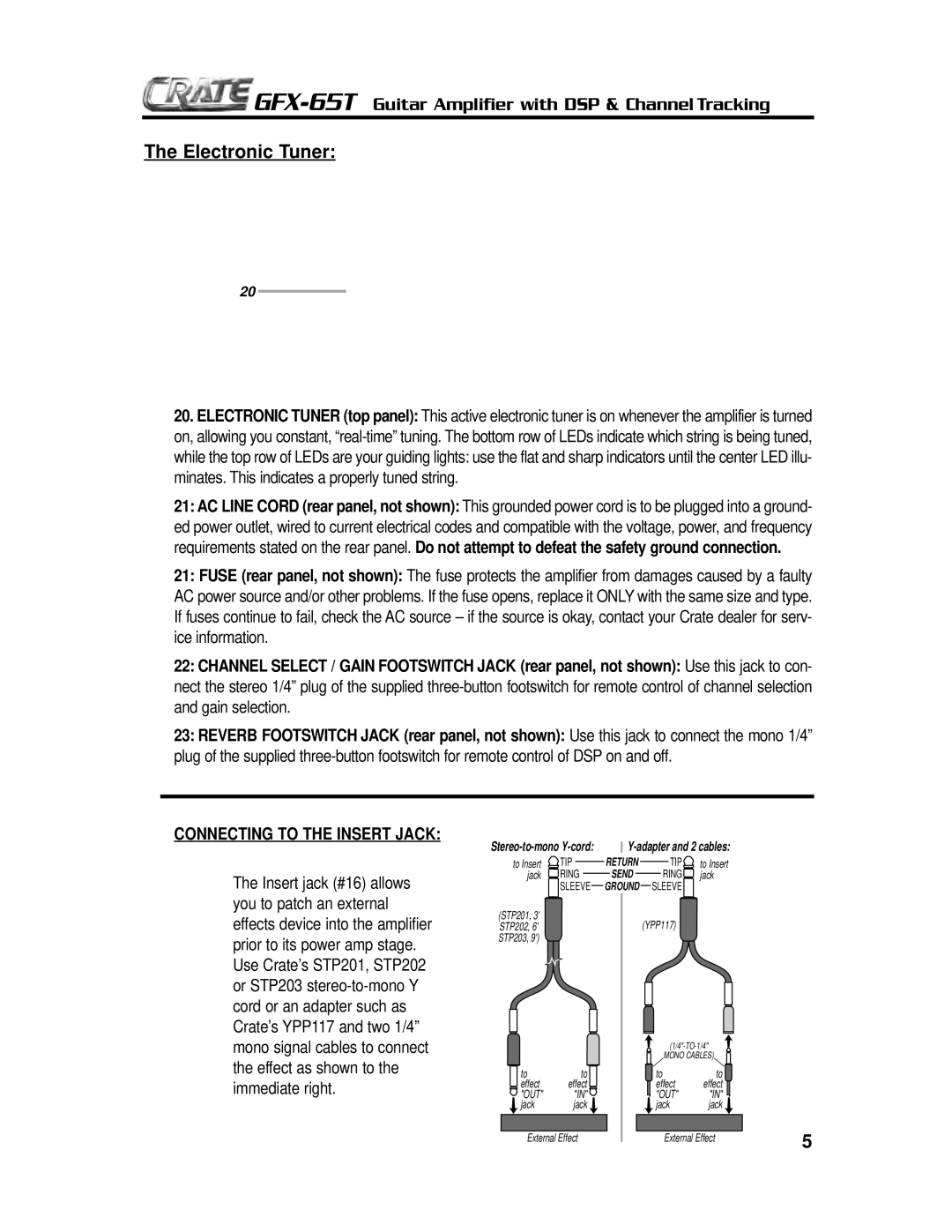 Crate Amplifiers GFX-65T owner manual Connecting to the Insert Jack 