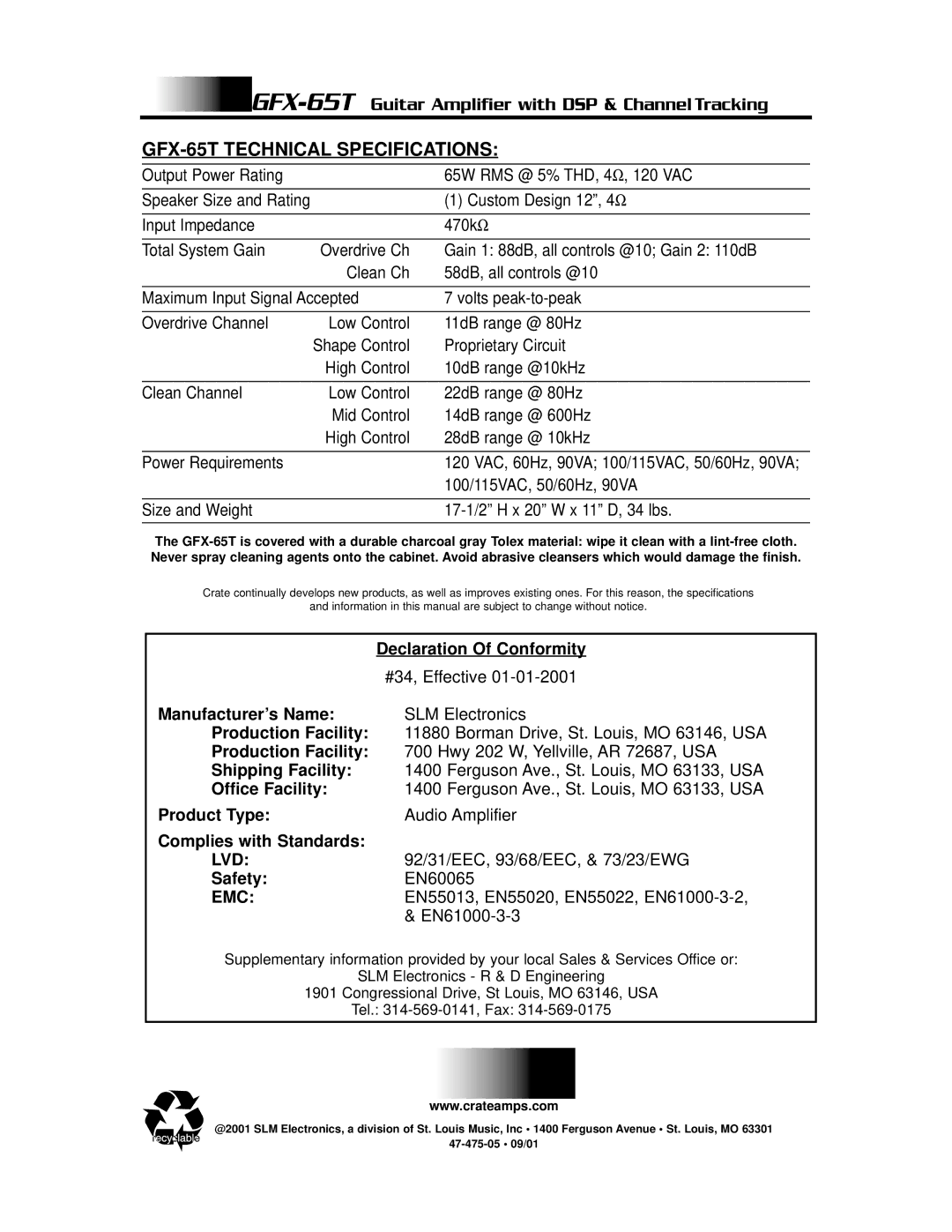 Crate Amplifiers GFX-65T owner manual Lvd, Emc 