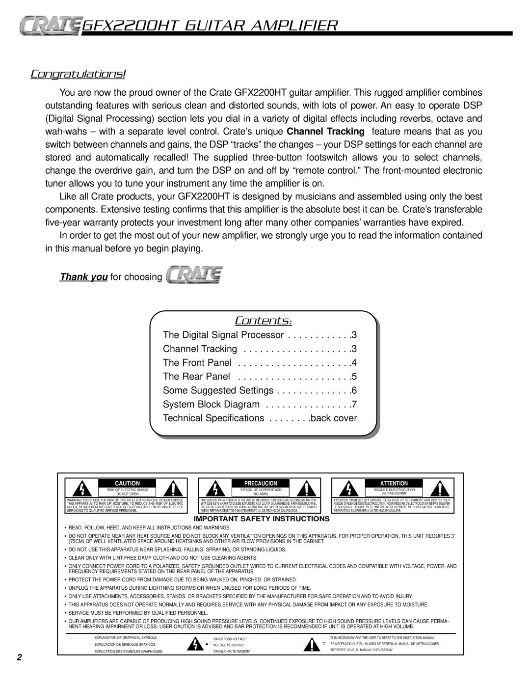 Crate Amplifiers GFX2200HT owner manual Congratulations, Contents 