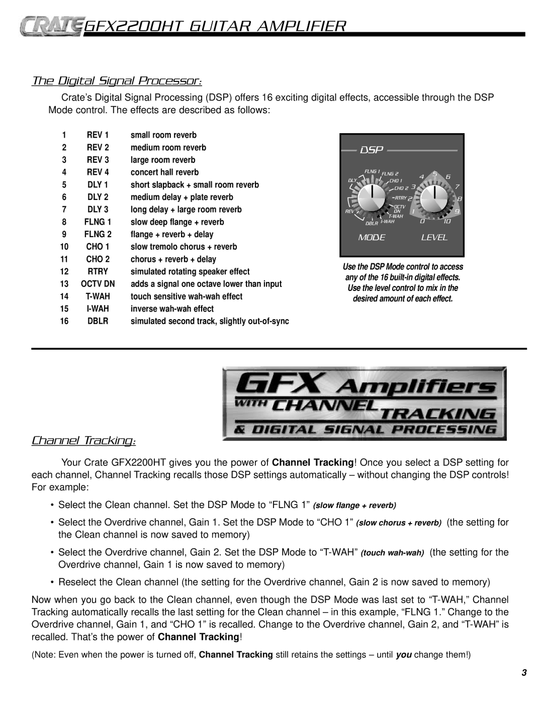 Crate Amplifiers GFX2200HT owner manual Digital Signal Processor, Channel Tracking 