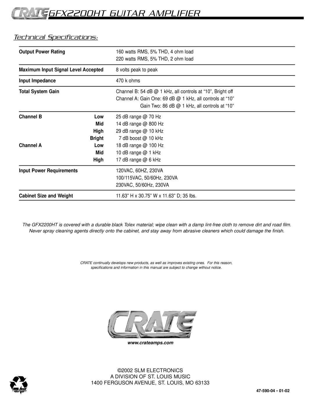 Crate Amplifiers GFX2200HT owner manual Technical Specifications, Total System Gain 