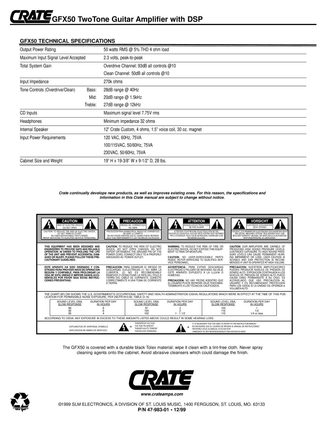 Crate Amplifiers owner manual GFX50 Technical Specifications 