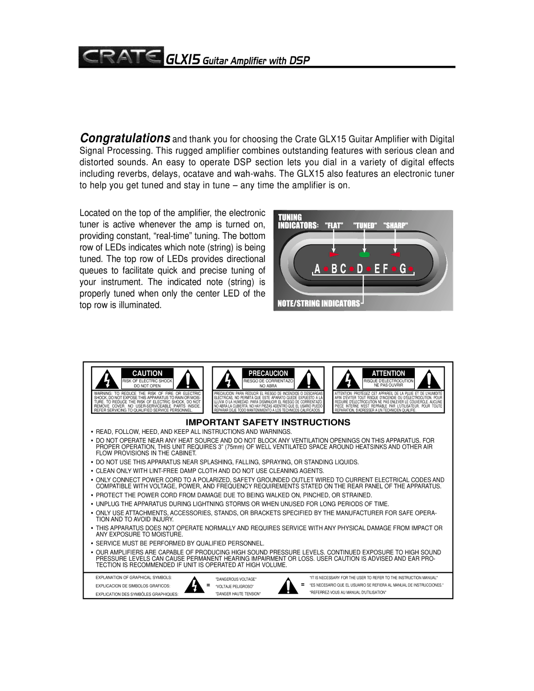 Crate Amplifiers owner manual GLX15 Guitar Amplifier with DSP, Important Safety Instructions 