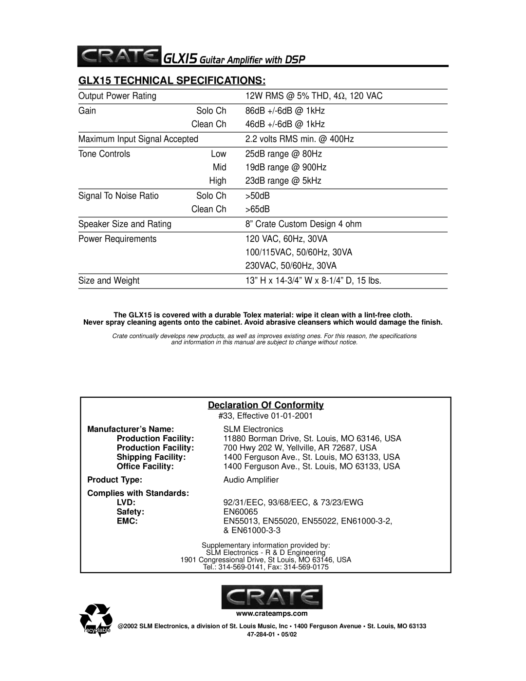 Crate Amplifiers GLX15 owner manual Declaration Of Conformity, Lvd, Emc 