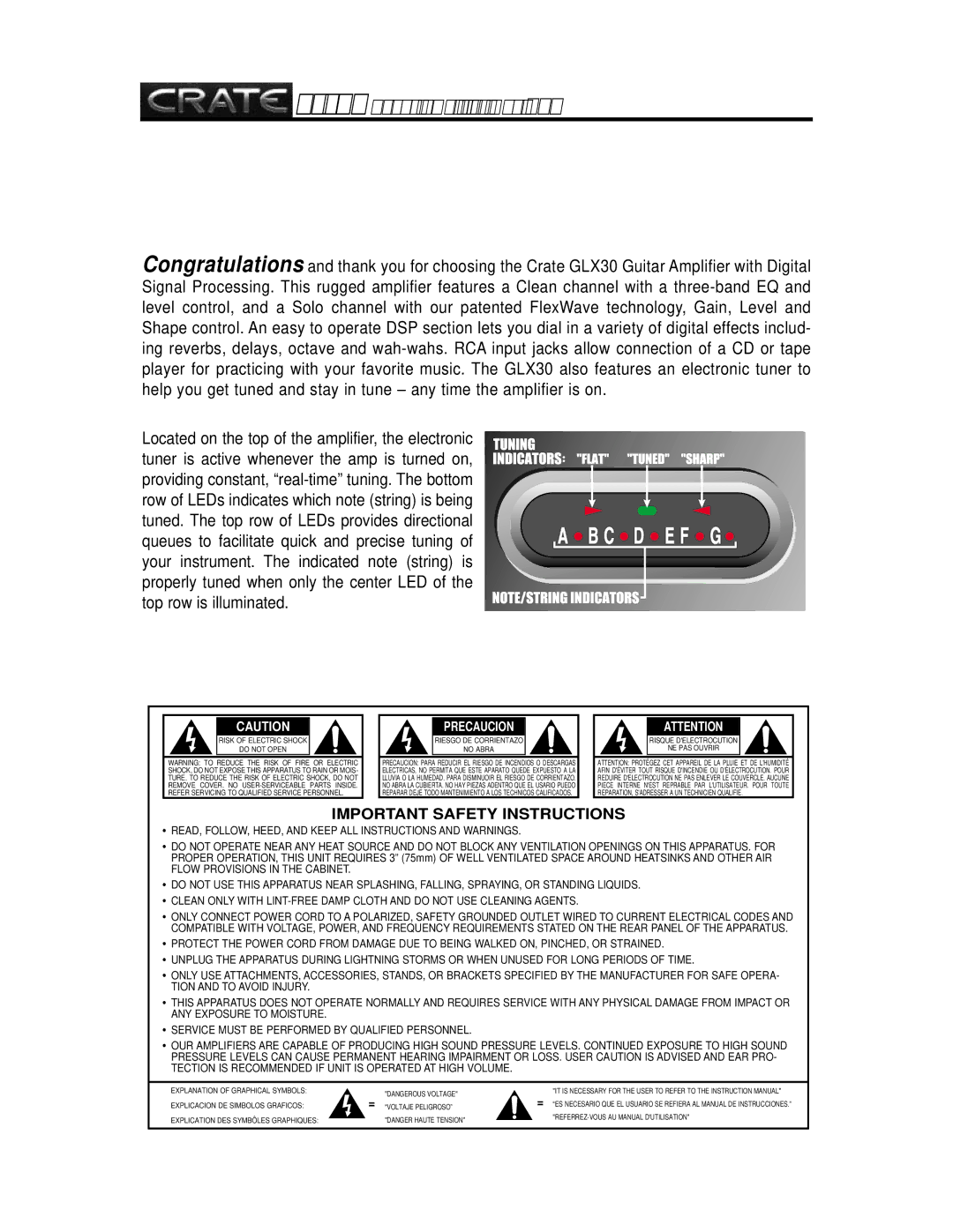 Crate Amplifiers owner manual GLX30 Guitar Amplifier with DSP, Important Safety Instructions 