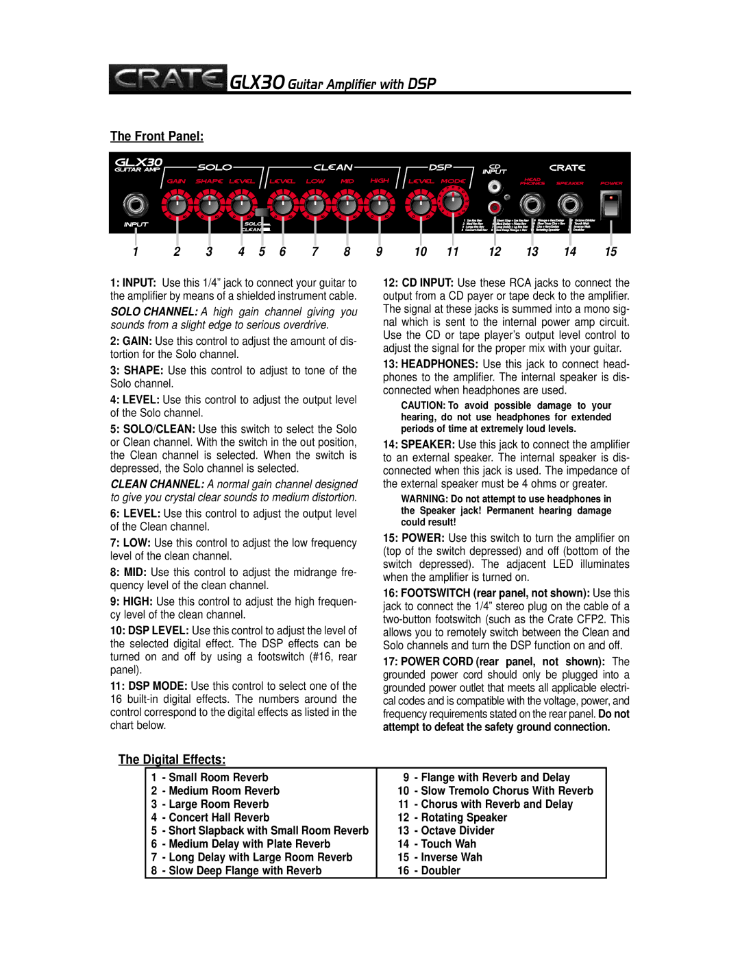 Crate Amplifiers GLX30 owner manual Front Panel, Digital Effects 