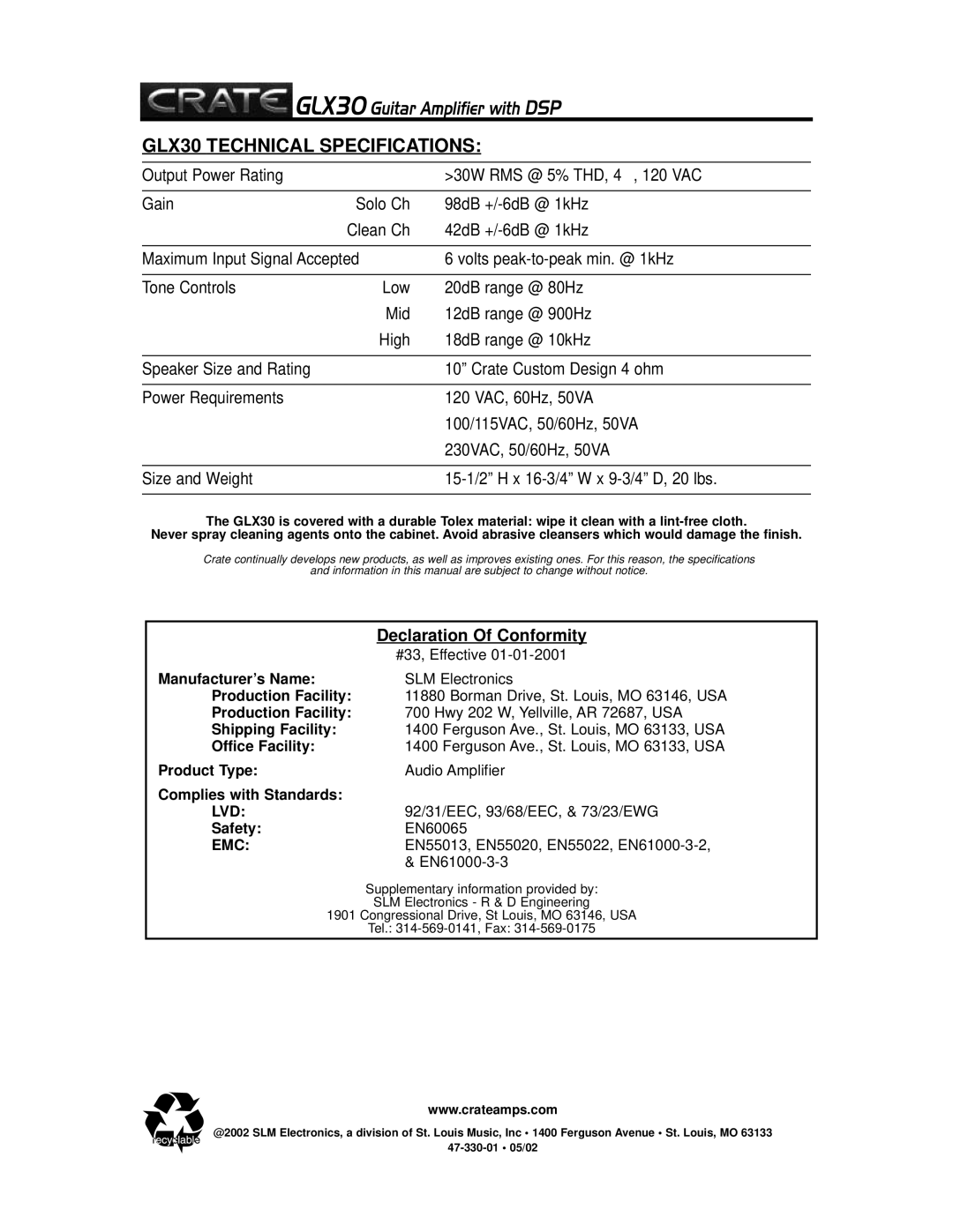 Crate Amplifiers GLX30 owner manual Declaration Of Conformity, Lvd, Emc 