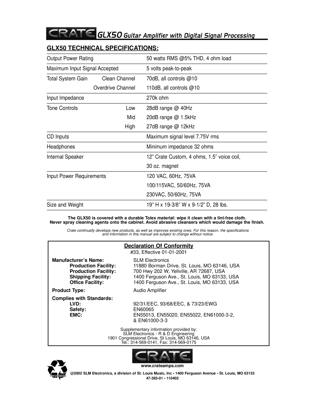 Crate Amplifiers manual GLX50 Technical Specifications 