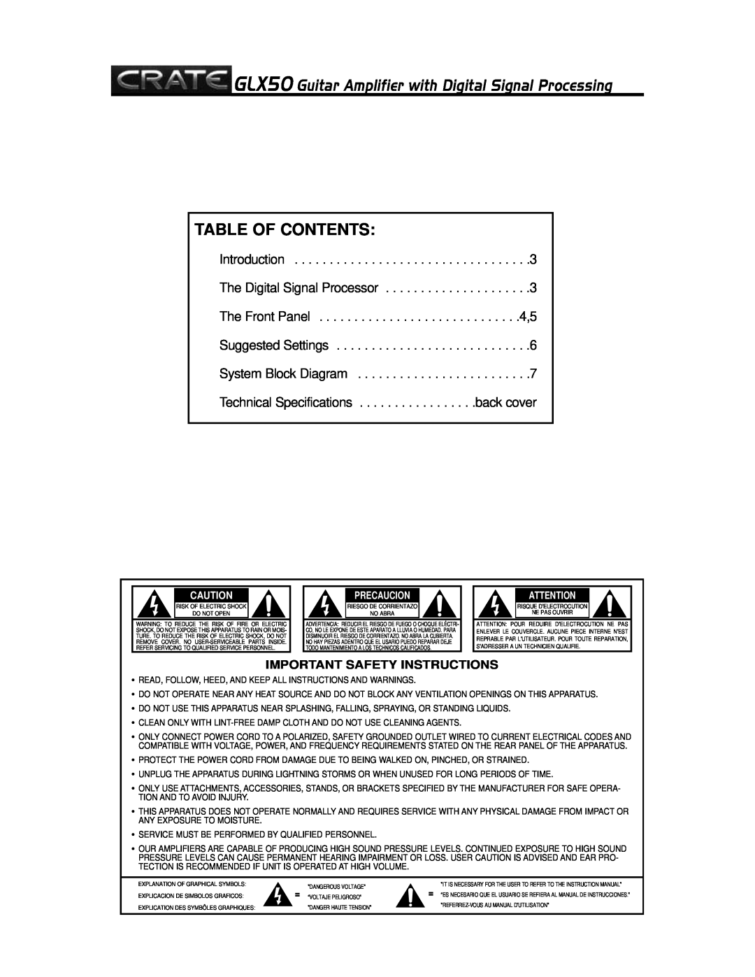 Crate Amplifiers GLX50 manual Table Of Contents, Precaucion 