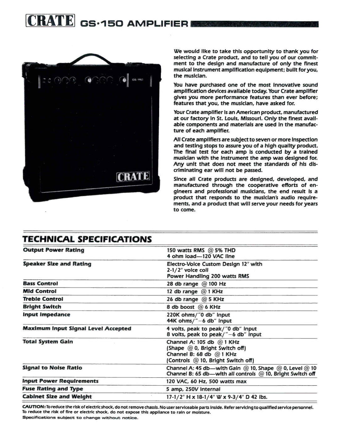 Crate Amplifiers GS.150 manual 