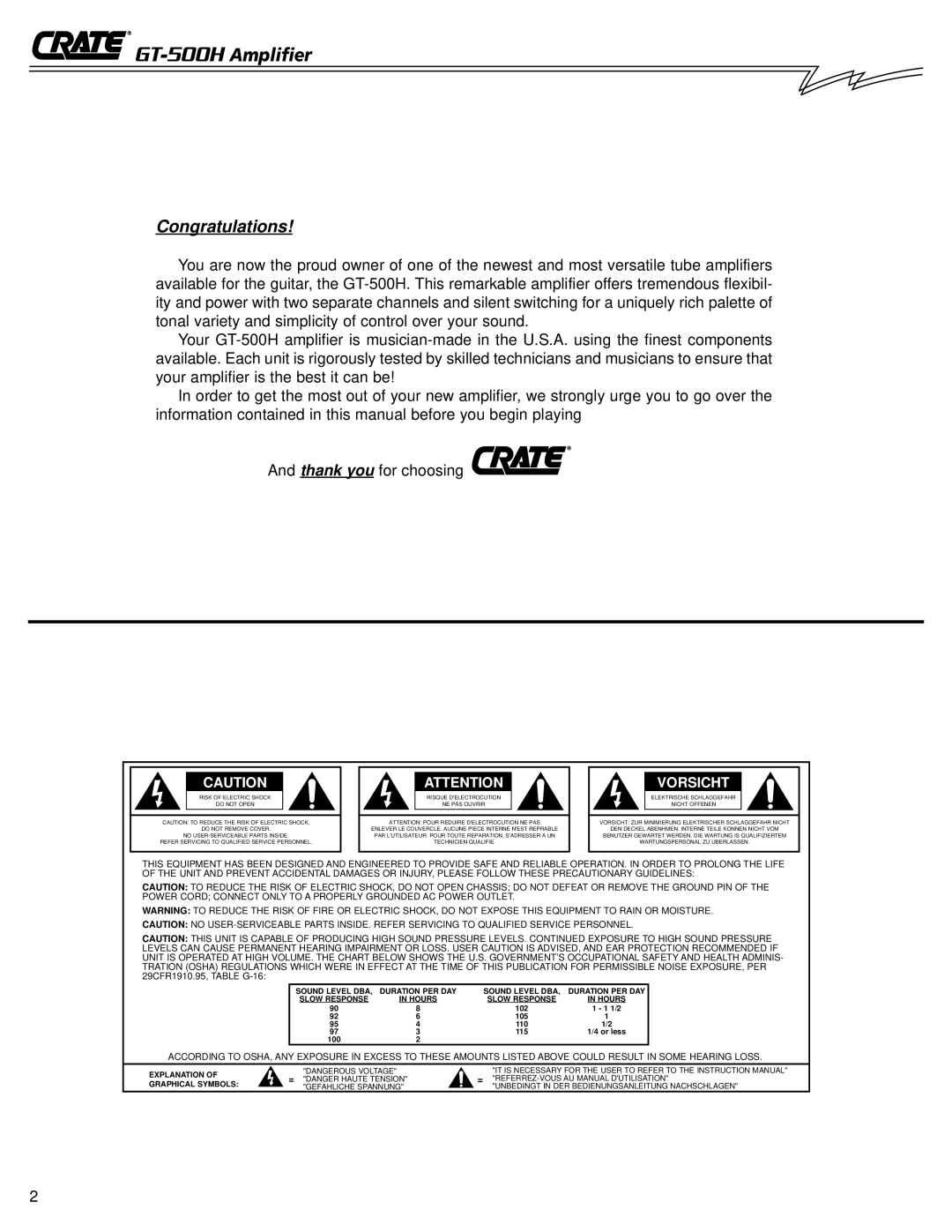 Crate Amplifiers owner manual GT-500H Amplifier, Congratulations 