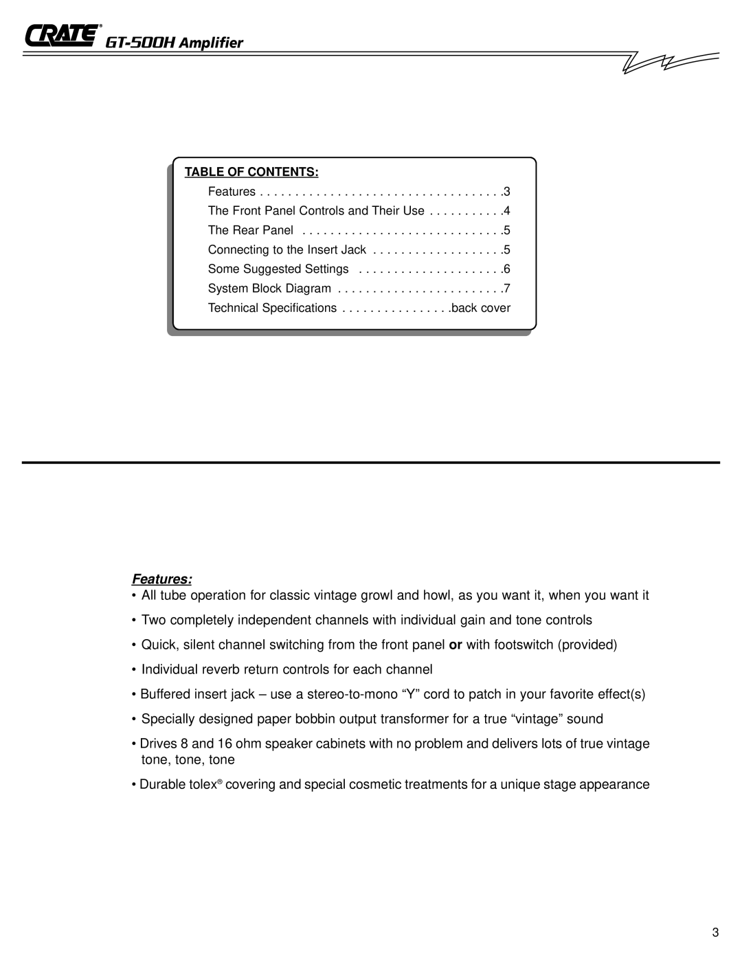 Crate Amplifiers GT-500H owner manual Features, Table of Contents 