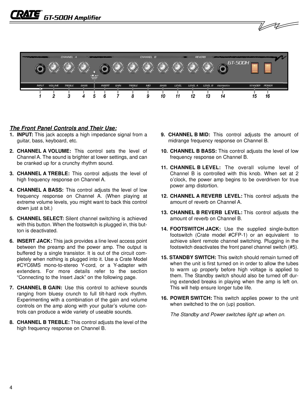 Crate Amplifiers GT-500H owner manual Front Panel Controls and Their Use 