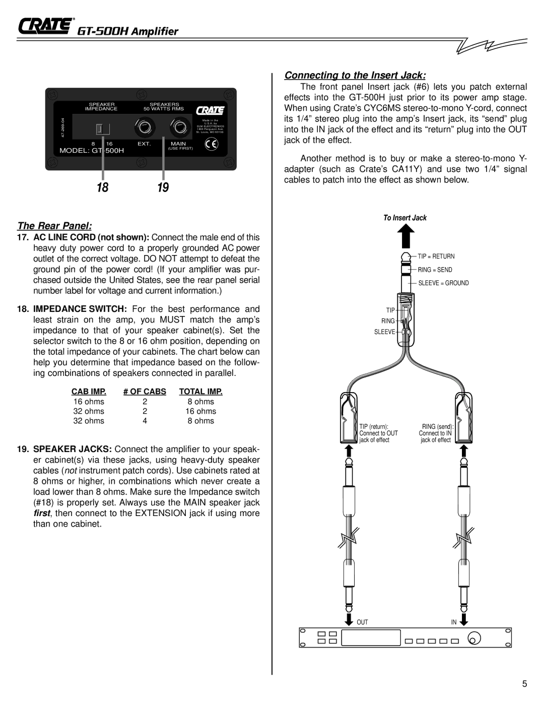 Crate Amplifiers GT-500H owner manual Rear Panel, Connecting to the Insert Jack 