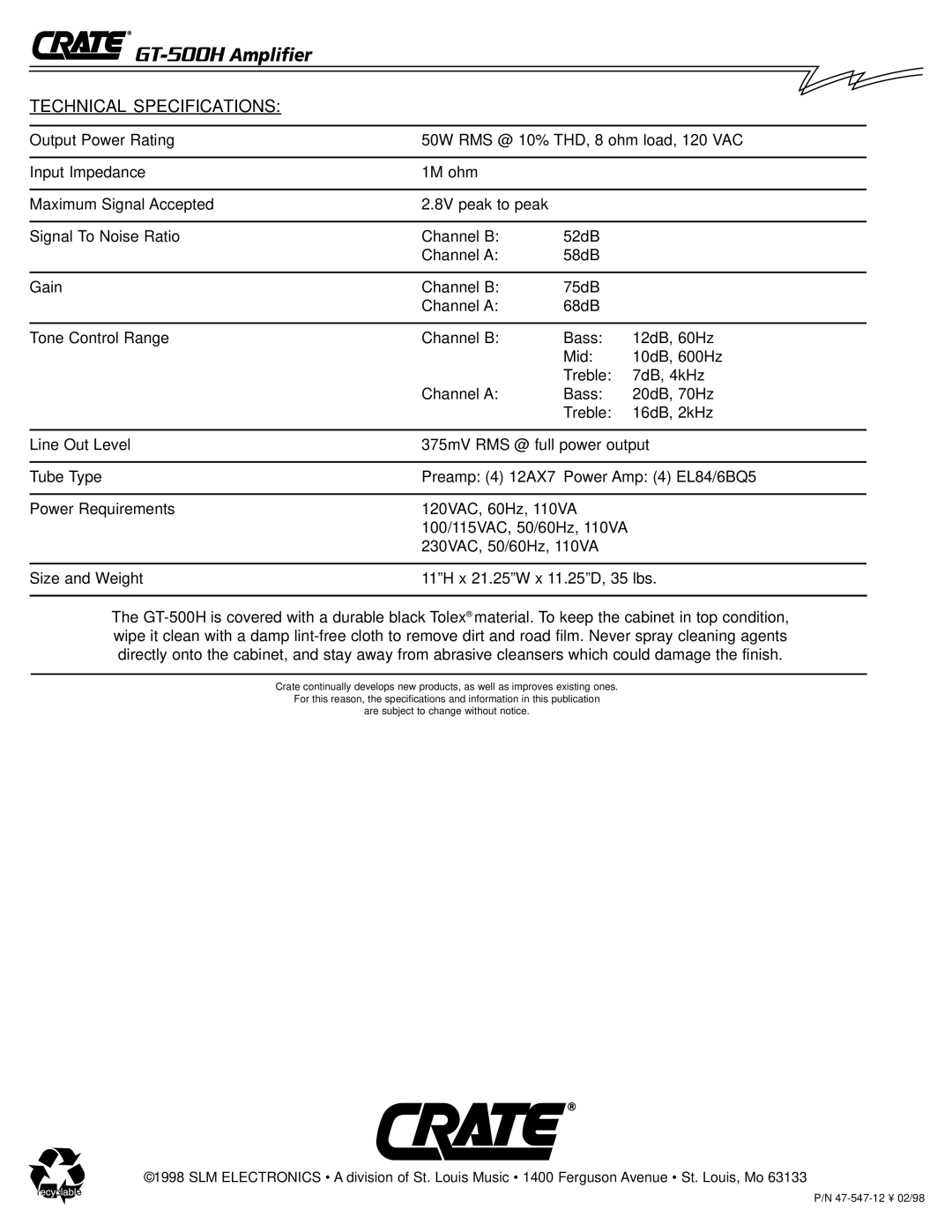 Crate Amplifiers GT-500H owner manual Technical Specifications 