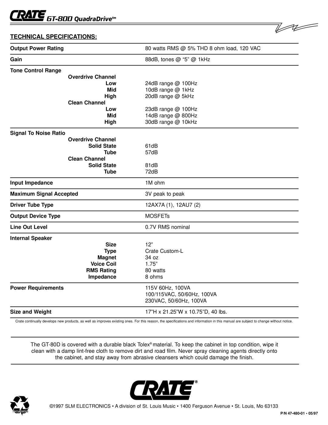 Crate Amplifiers GT-80D owner manual Technical Specifications 