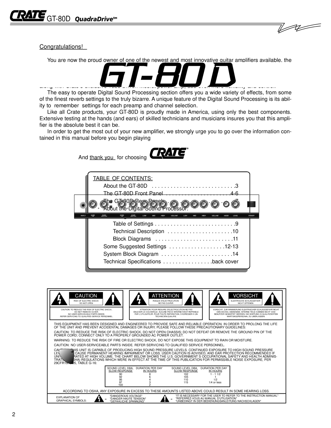 Crate Amplifiers owner manual GT-80DQuadraDrivetm, Congratulations 