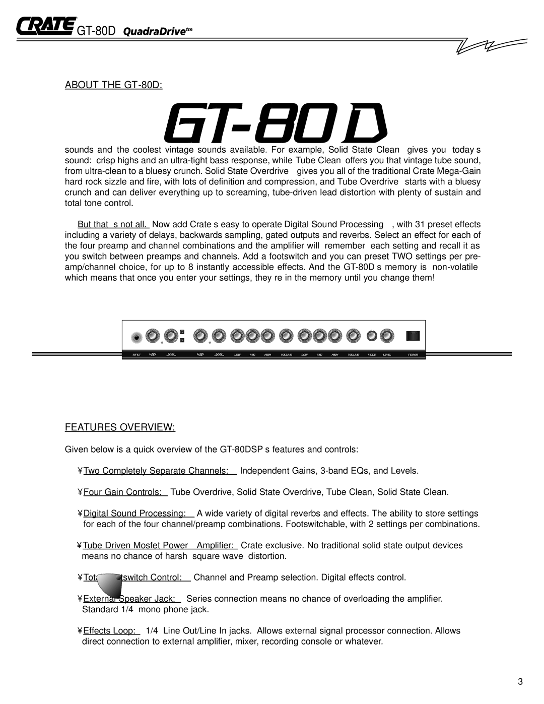 Crate Amplifiers owner manual About the GT-80D, Features Overview 