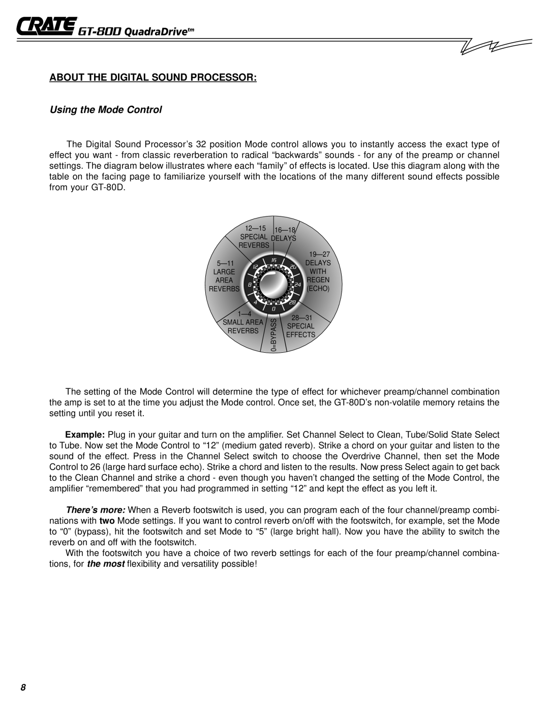 Crate Amplifiers GT-80D owner manual About the Digital Sound Processor, Using the Mode Control 