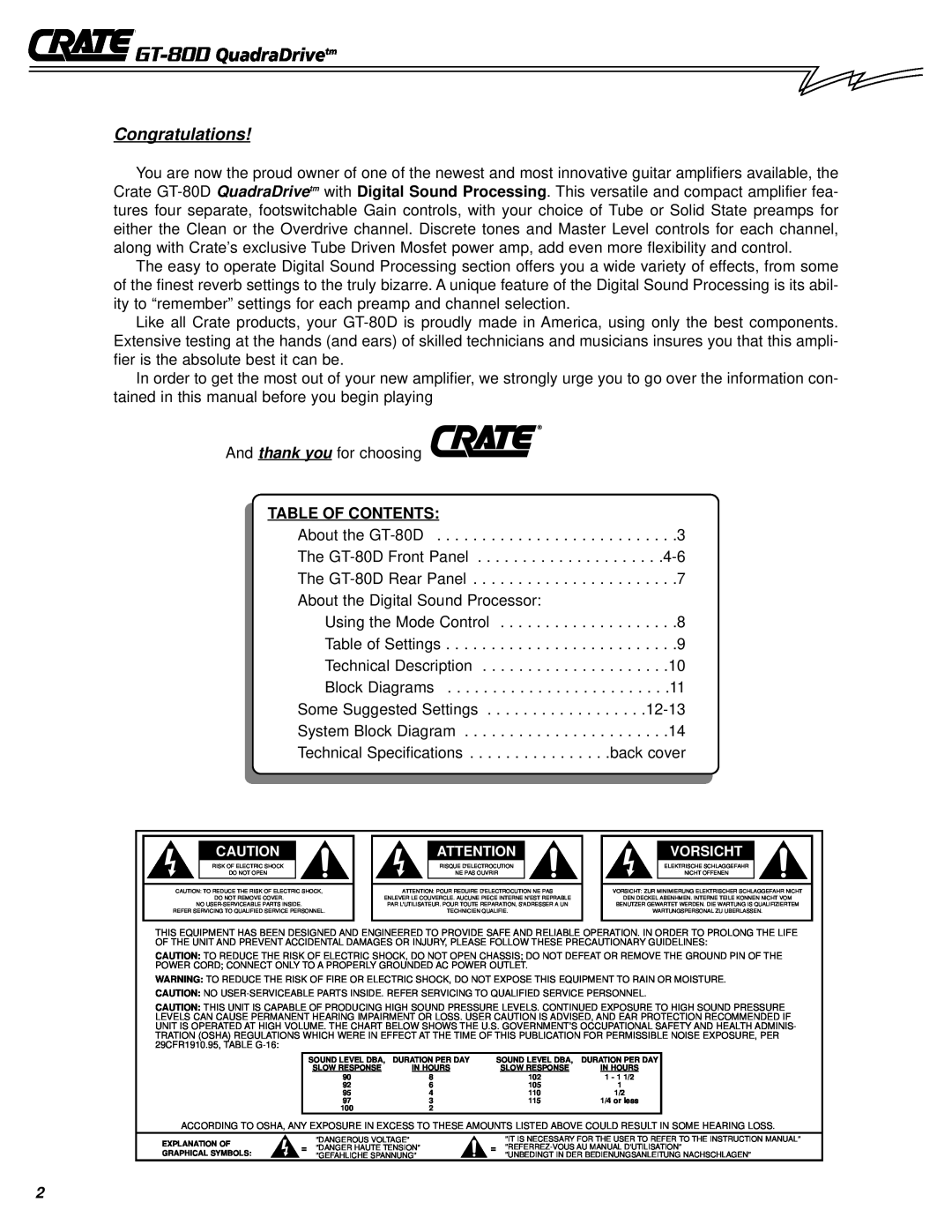 Crate Amplifiers owner manual GT-80D QuadraDrivetm, Congratulations 