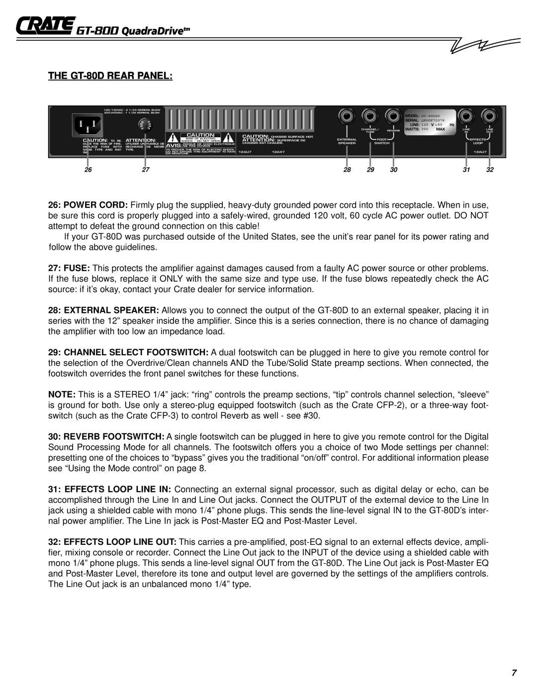 Crate Amplifiers owner manual THE GT-80DREAR PANEL, GT-80D QuadraDrivetm, Caution To Re 