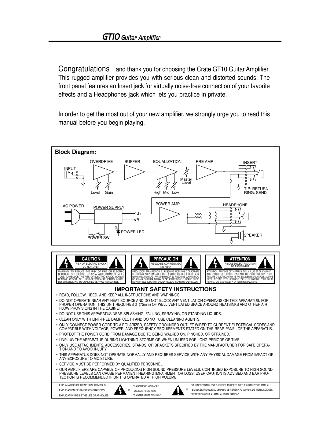 Crate Amplifiers owner manual GT10 Guitar Amplifier 