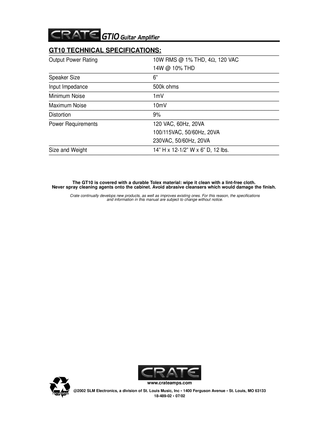 Crate Amplifiers owner manual GT10 Technical Specifications 