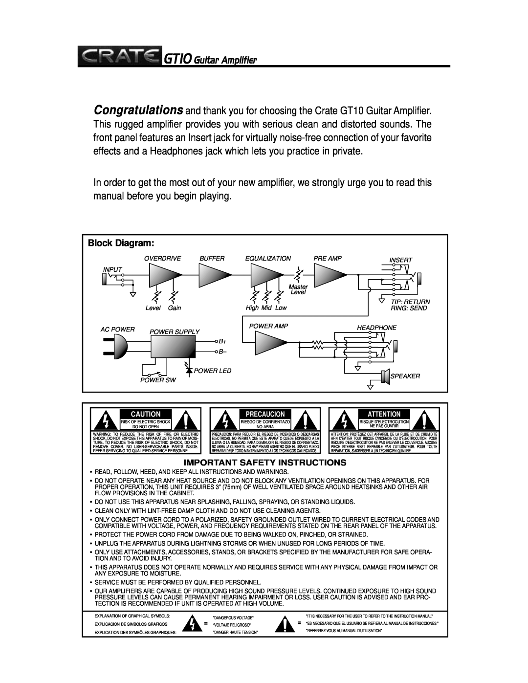 Crate Amplifiers owner manual GT10 Guitar Amplifier, Block Diagram, Important Safety Instructions, Precaucion 