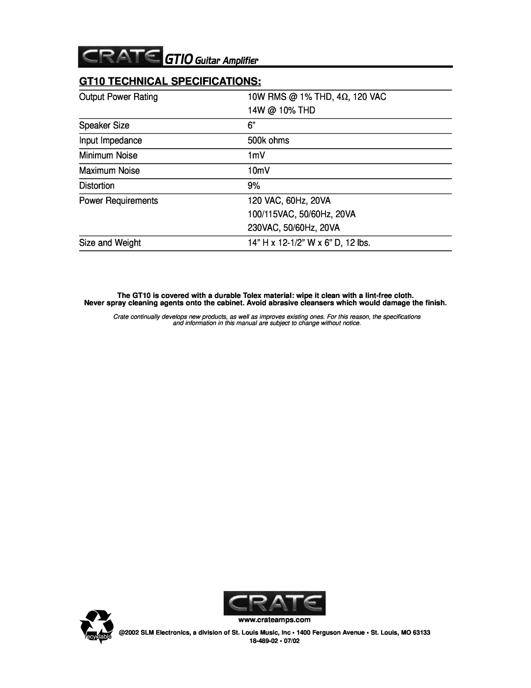 Crate Amplifiers owner manual GT10 Guitar Amplifier, GT10 TECHNICAL SPECIFICATIONS 