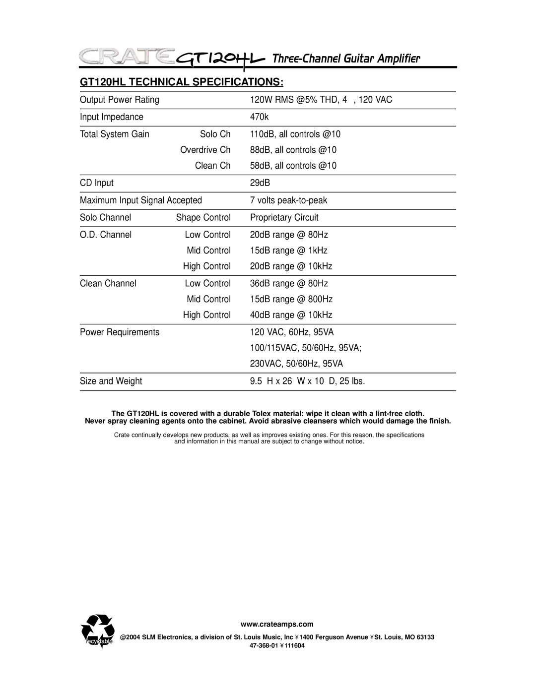 Crate Amplifiers manual GT120HL Technical Specifications 