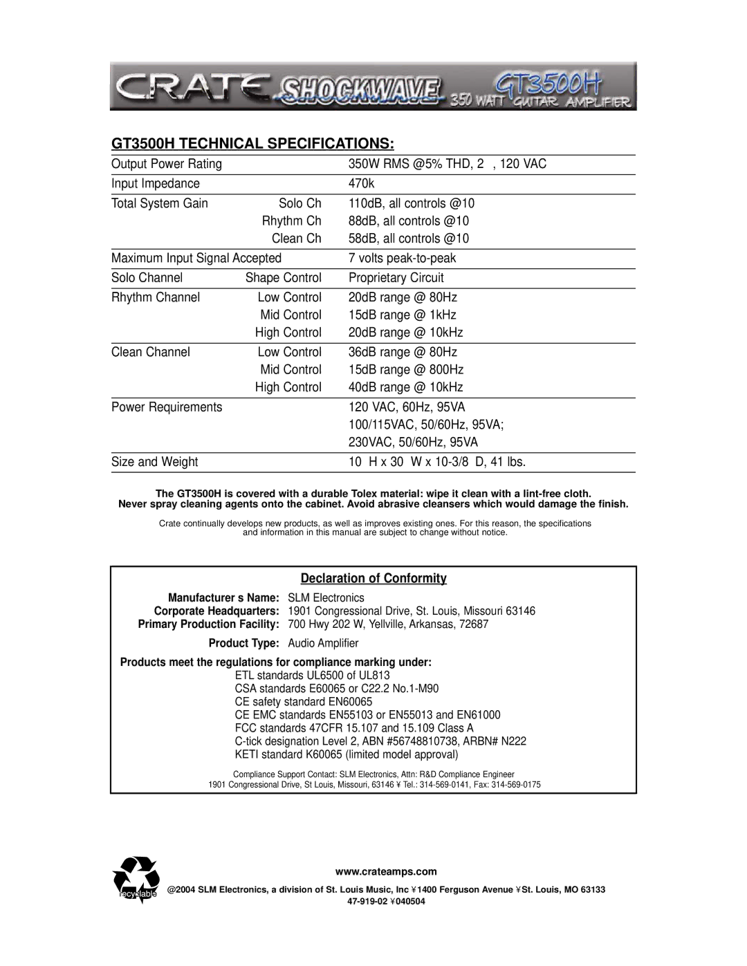 Crate Amplifiers manual GT3500H Technical Specifications 