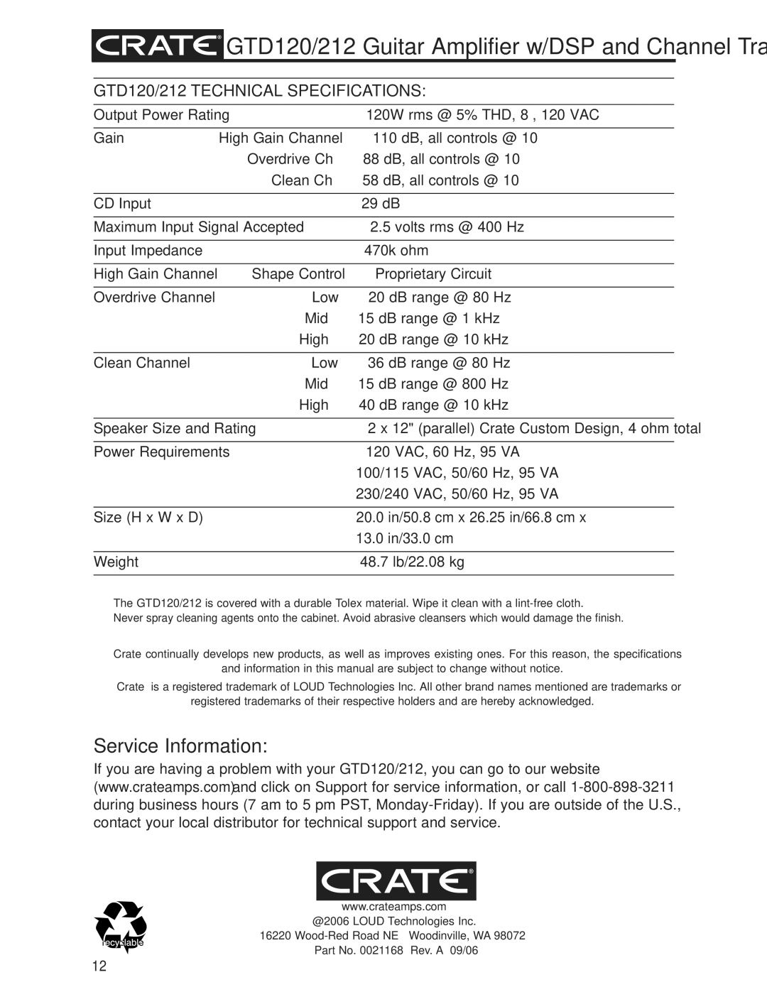 Crate Amplifiers GTD120212 owner manual Service Information, GTD120/212 Technical Specifications 