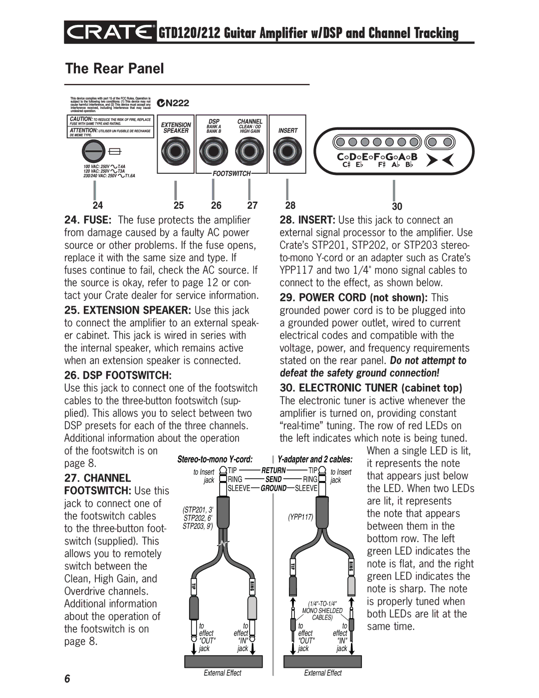 Crate Amplifiers GTD120212 owner manual Rear Panel, DSP Footswitch 