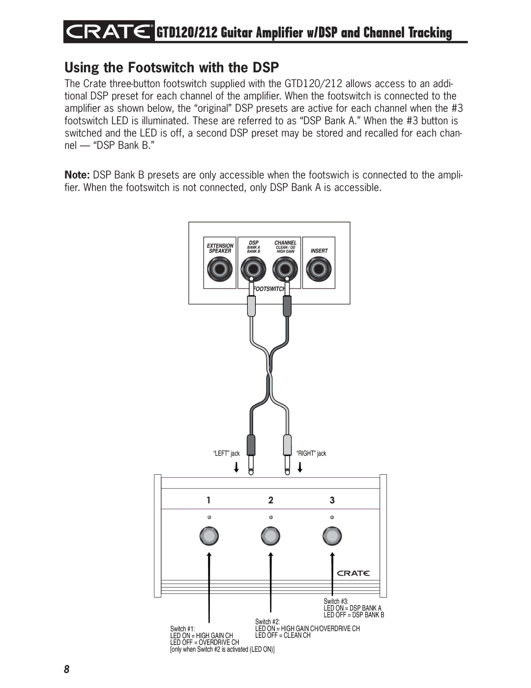 Crate Amplifiers GTD120212 owner manual Using the Footswitch with the DSP 