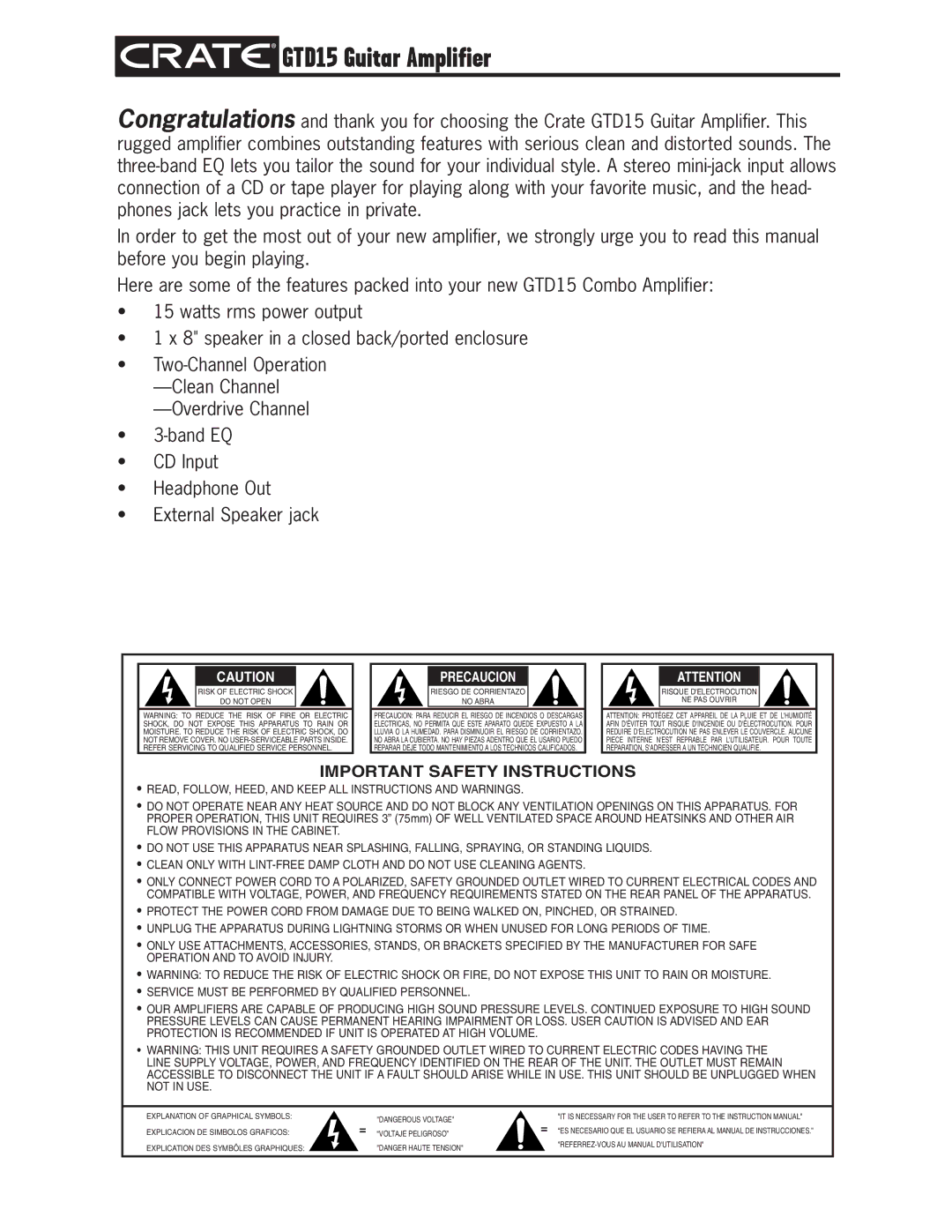 Crate Amplifiers owner manual GTD15 Guitar Amplifier, Important Safety Instructions 