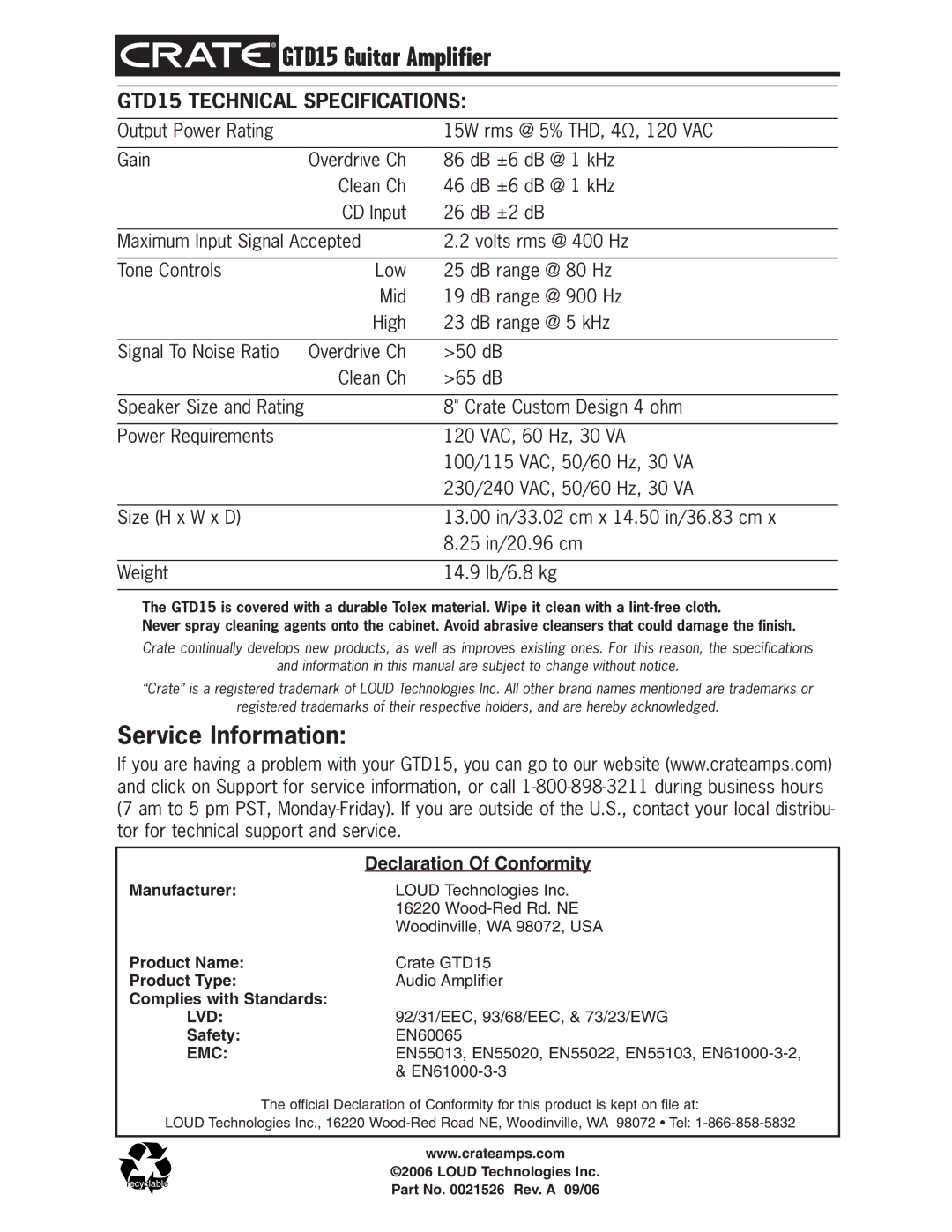 Crate Amplifiers GTD15 owner manual Service Information, Lvd, Emc 