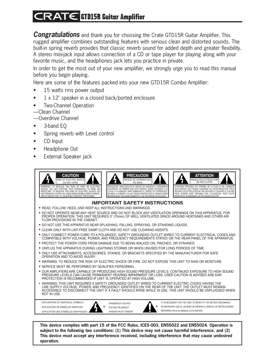 Crate Amplifiers owner manual GTD15R Guitar Amplifier, Important Safety Instructions 