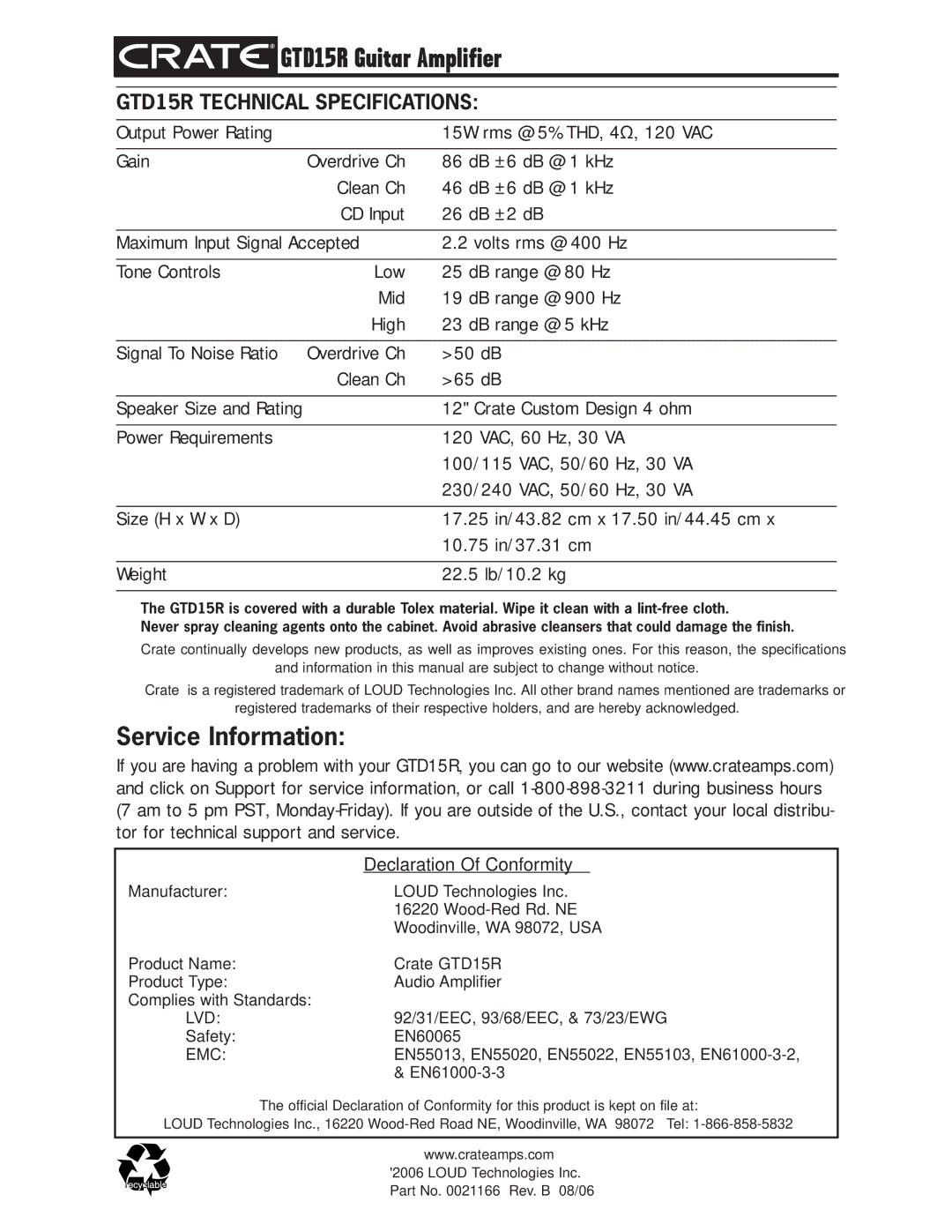 Crate Amplifiers GTD15R owner manual Service Information, Lvd, Emc 