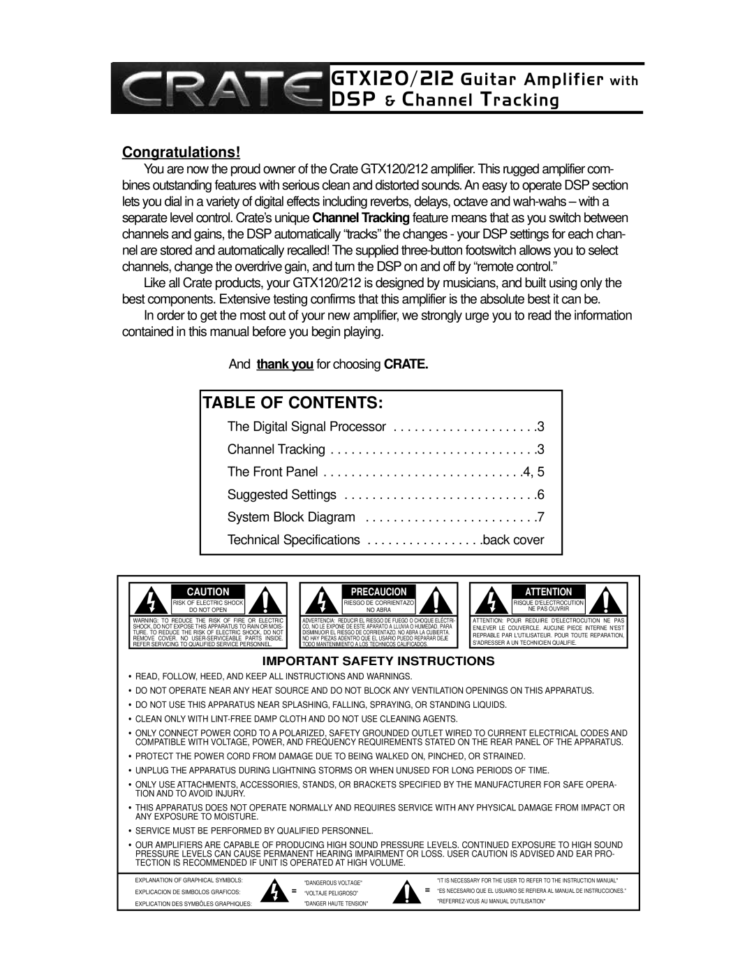 Crate Amplifiers GTX212 owner manual GTX120/212 Guitar Amplifier with DSP & Channel Tracking 