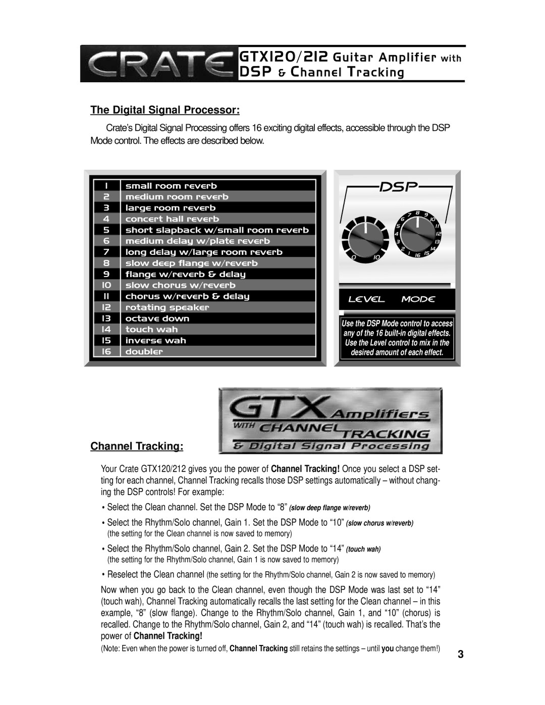 Crate Amplifiers GTX212, GTX120 owner manual Digital Signal Processor, Channel Tracking 