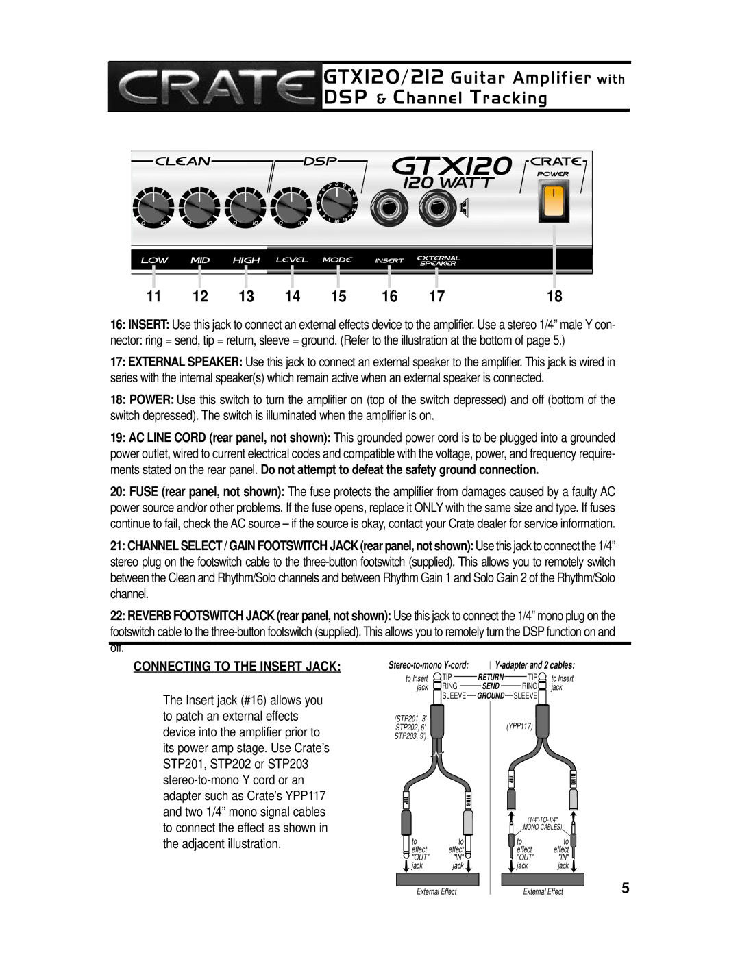 Crate Amplifiers GTX212, GTX120 owner manual Connecting to the Insert Jack 