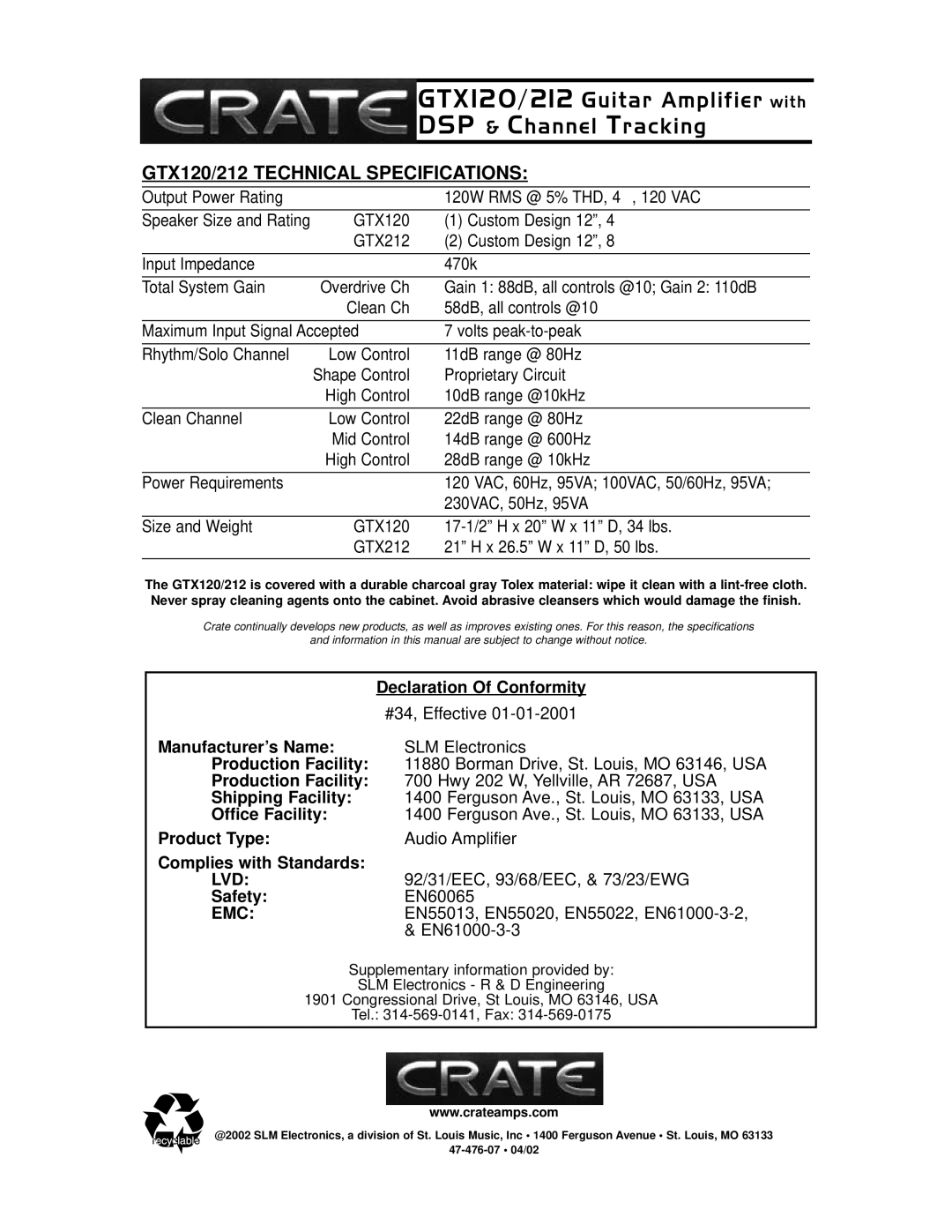 Crate Amplifiers GTX120, GTX212 owner manual Lvd, Emc 